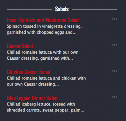 Blue Lagoon Seafood Menu